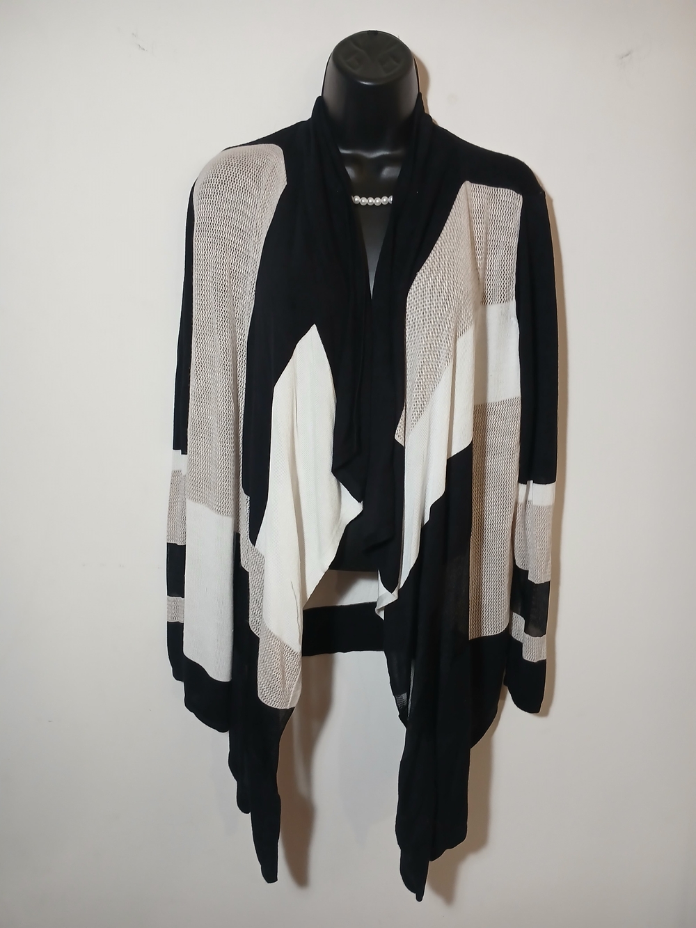 INC International Concepts Black & Cream Open-Front Draped Cardigan